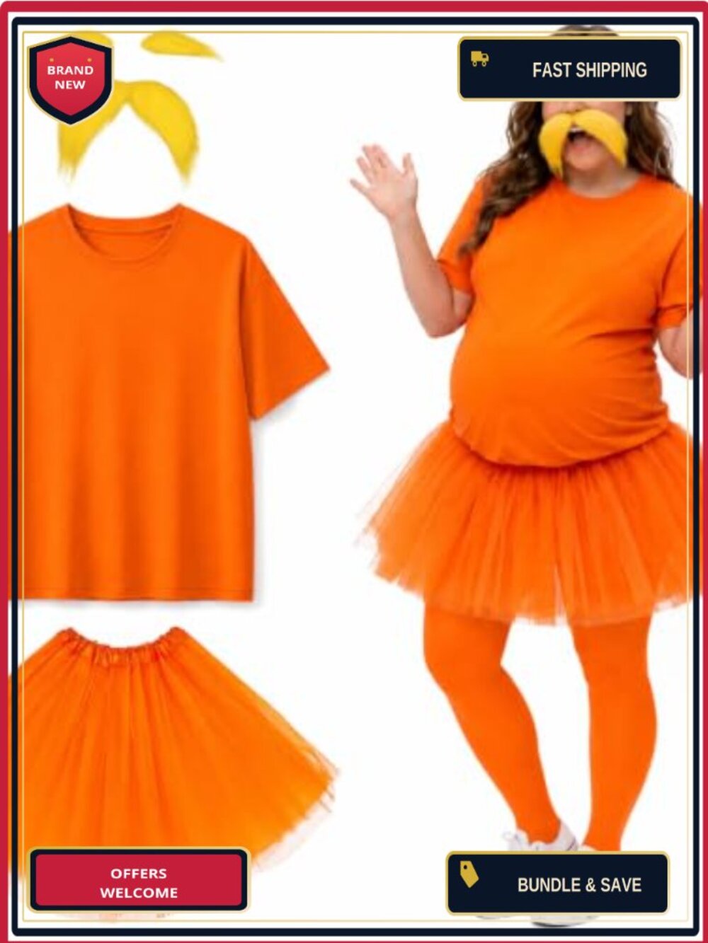 Women's Halloween Costume Set Orange Tee, Tutu, Mustache & Eyebrows